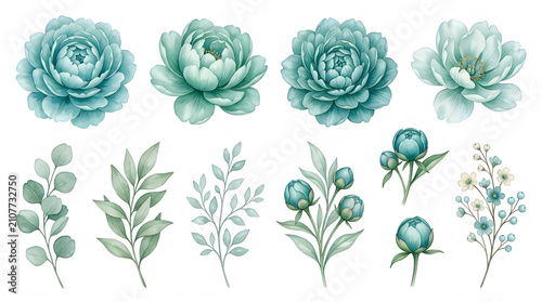 Watercolor Illustration of Turquoise Floral Bouquets and Botanical Sprigs on White Background