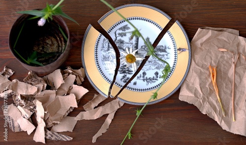 Fotografie A still life with a broken plate and dried flowers symbolizes the fragility of life and the breakdown of relationships