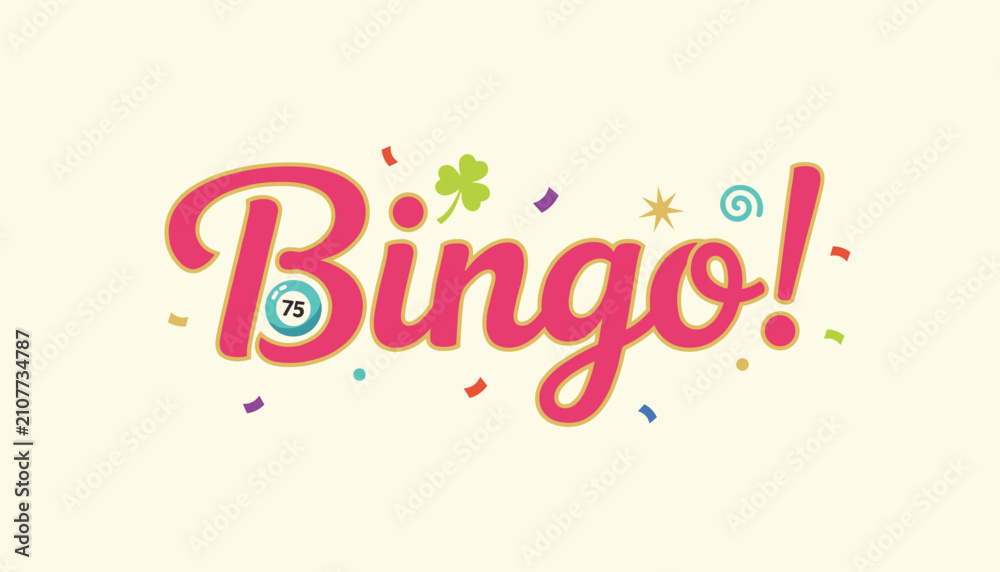 Fototapeta premium Retro pink bingo lettering with colorful confetti, a lucky four leaf clover, and a blue bingo ball decoration.