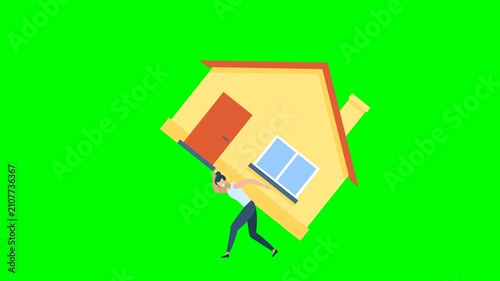 Debt, loan, house rent. Woman paying bills monthly house expense. Girl with payment schedule pay money for interest rate, fees, principal, financial bills by month period. 2D animation. Alpha channel