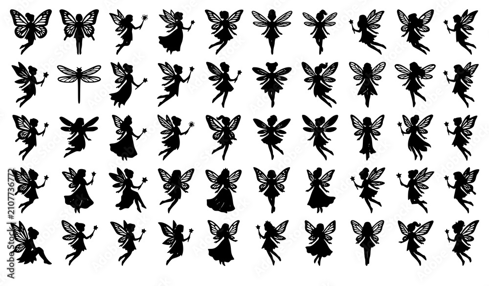 Fototapeta premium Black Fairy Silhouette Vector Set with Magical Winged Fantasy Character Collection