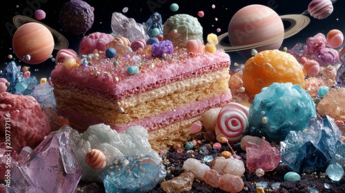 Magical food cosmos with giant cake planets, swirled lollipop rings, marshmallow clouds, and a sugar crystal asteroid belt