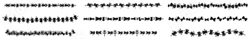 Lord Shiva symbols with damru drums and trishula tridents for religious borders in hand drawn style