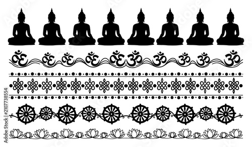 Quadro em tela Buddha silhouette and Om symbol horizontal borders set with lotus and dharma whe