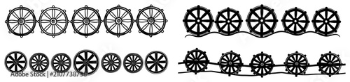 Foto Dharma wheel horizontal borders with Buddhist spiritual symbols for decorative p