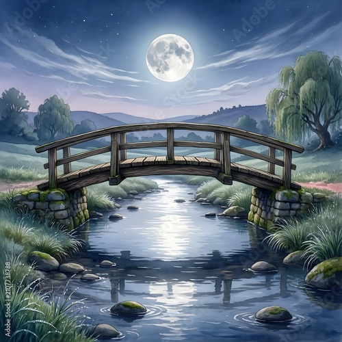 Wooden footbridge over a flowing stream with full moon reflection and starry sky in a countryside night, watercolor illustration