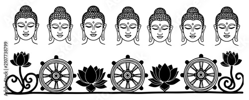 Foto Buddha head and lotus flower borders with sacred dharma wheels for spiritual des