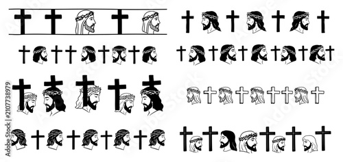 Foto Jesus Christ head profile and Christian cross borders set in black silhouette st