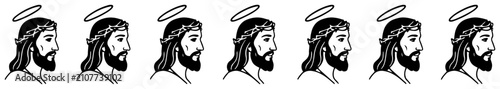 Photos Jesus Christ head with halo profile border in black and white line art style