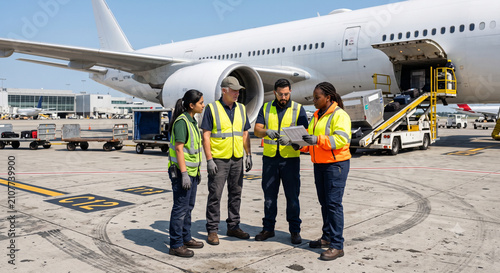 Diverse airport ground crew discussing logistics on sunny tarmac.