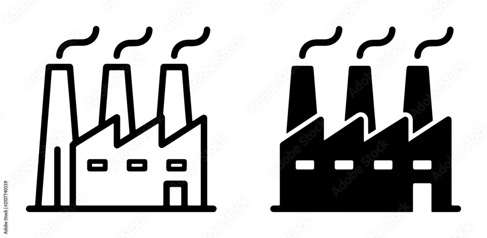 Obraz premium Factory Icons Set, Industrial Building Silhouettes, Manufacturing Plant Symbols, Pollution Smokestacks, Clean and Filled Vector Graphics