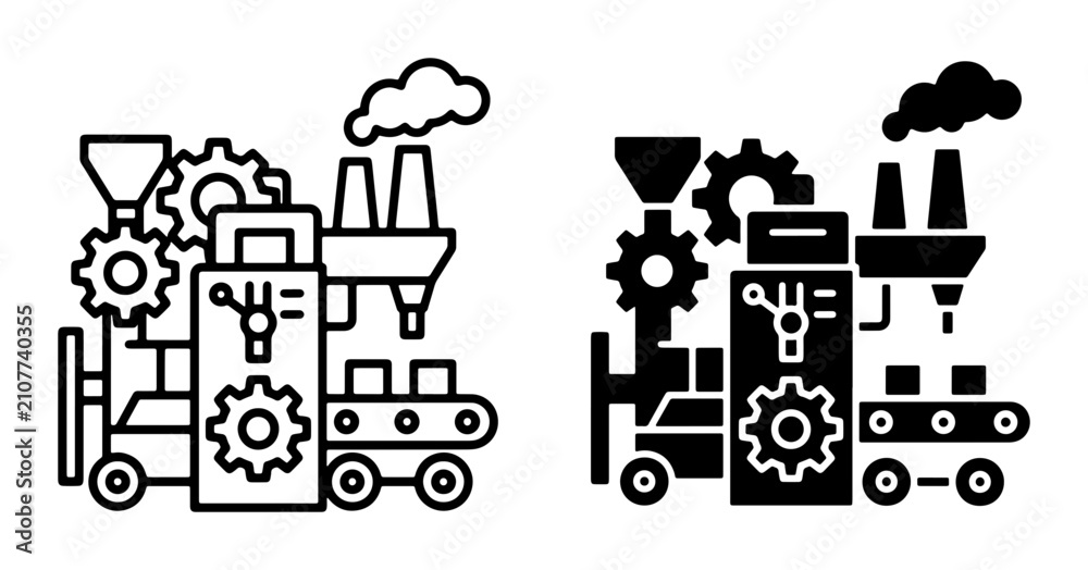 Fototapeta premium Industrial Manufacturing Icons: Factory Production Line, Gears, and Conveyor Belt Vector Set. Automation and Industry Concept Graphics.