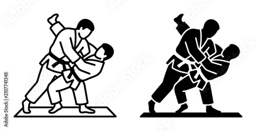 Cuadro en lienzo Judo Combat Icons, Martial Arts Action Vector Set, Grappling Sport Figures, Two-