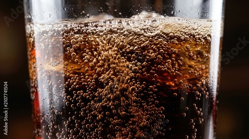 Refreshing Cola Drink with Ice Cubes and Bubbles, Close-up Macro Shot of Carbonated Beverage, Dark Brown Liquid Refreshment