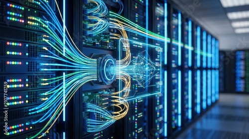 High tech server room with glowing fiber optic cables and data streams. Big data storage, cybersecurity, cloud network infrastructure and database management center concept.
