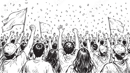 Crowd of happy people cheering with flags and confetti illustration