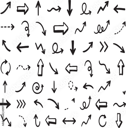 Set of hand drawn black arrows pointing in many different directions