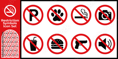 Foto Collection of prohibition signs and restriction symbols in flat icon style on a