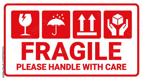 Bild auf Leinwand Red fragile shipping label with handling symbols for glass rain upward direction