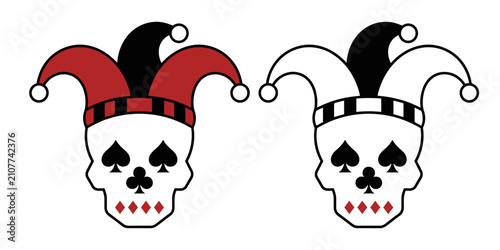 Fotografie Two colorful jester skull illustrations with black and white variations on a tra
