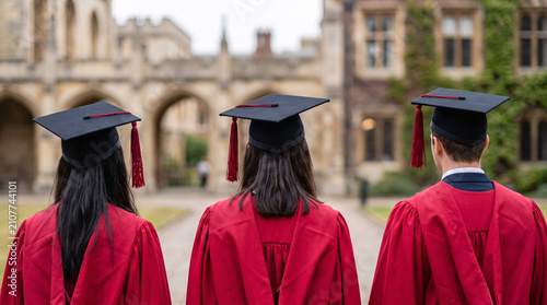 Graduation students wearing academic gowns and mortarboards at university campus