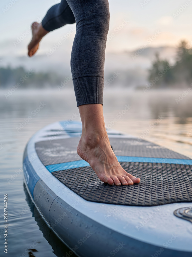 Fototapeta premium Athletic Woman Balance on SUP Board on Serene Foggy Lake Morning