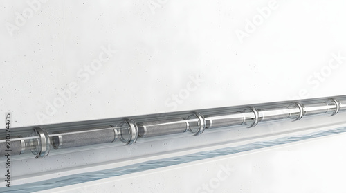 3D render of a transparent water purification pipe system with filters