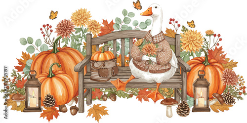 Watercolor illustration of a wooden garden bench decorated with pumpkins autumn leaves flowers and lanterns for a cozy fall season theme