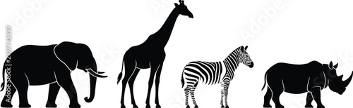 Schilderij op canvas Silhouette collection of african wildlife: elephant, giraffe, zebra, and rhinoce