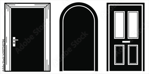 Bild auf Leinwand Three distinct black door silhouettes with white outlines: single door, arched d