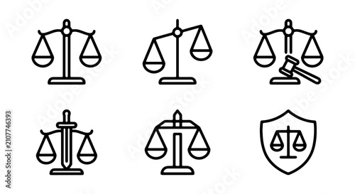 Fotografía Justice Scales Icons, Legal Balance Symbols, Law Gavel and Shield Vector Set
