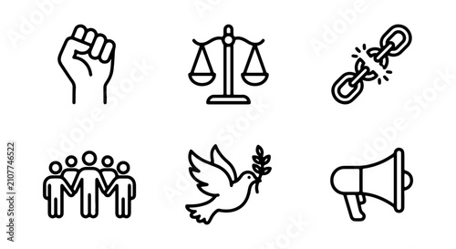 Social Justice Icons: Fist, Scales, Broken Chain, People, Dove, Megaphone Vector Set