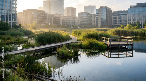 Climate-resilient urban design with green infrastructure, passive cooling, water management and sustainable architecture. AI Generated.