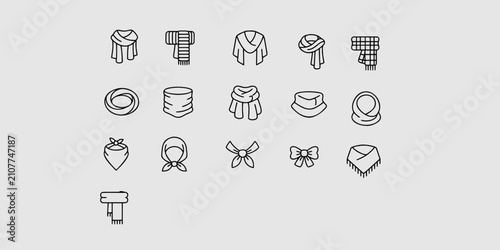 Foto Icon set collection of various scarves, bandanas, and head coverings styles including knit, infinity, cowl, and ascot in outline