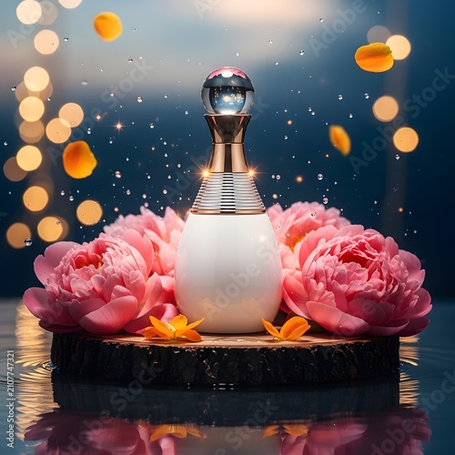 Luxury white perfume bottle with pink peonies and golden bokeh background