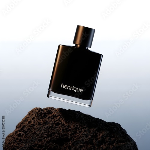 Black glass men perfume bottle balancing on a pile of textured dark earth