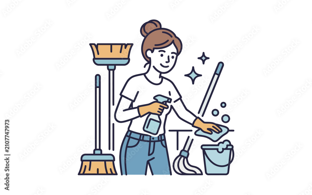 Fototapeta premium Woman Cleaning House Vector Illustration