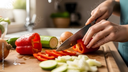 Hands slicing fresh red bell pepper on wooden cutting board in kitchen