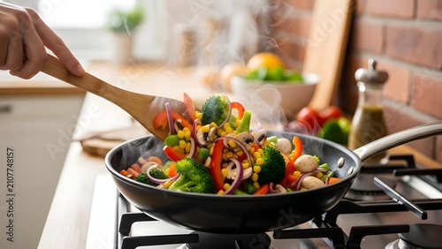 Cooking fresh colorful vegetables in frying pan on gas stove with vegetables