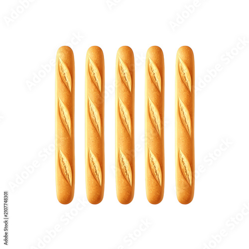 Five crispy french baguettes bread as isolated element