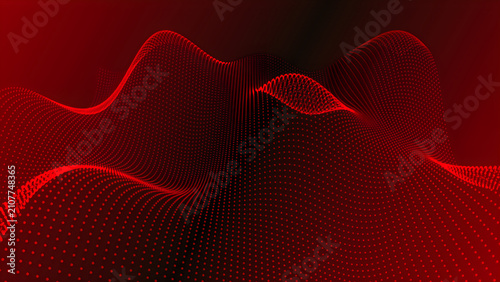 Abstract red digital wave made of glowing dots particles flowing in dark space