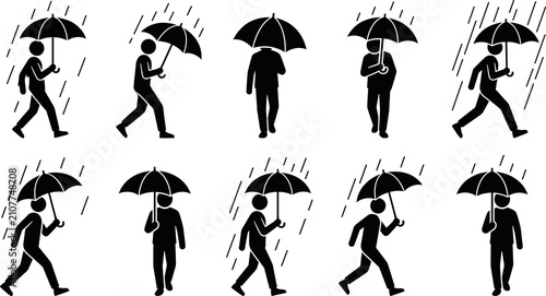 Rain and umbrella silhouettes collection, walking and weather protection design, outdoor rainy day concept, black vector illustration of people set