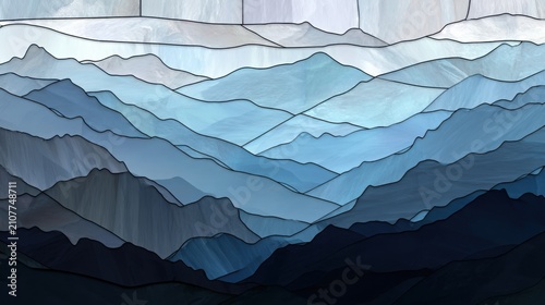Modern stained glass landscape of layered mountain silhouettes in cool gray, blue and icy white textured glass, panoramic composition, elegant