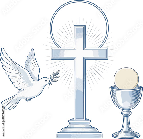 Fotografia Christian Holy Communion Symbols with Cross, Dove, Eucharist Chalice and Bread i