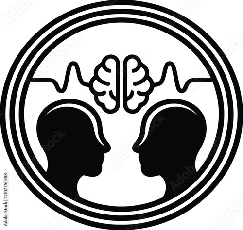 Photos Two heads with connected brains in a circle symbolizing telepathy and communicat