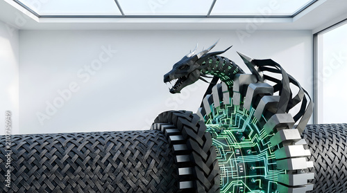 Futuristic Robotic Black Dragon with Glowing Green Circuit Board in Minimalist White Room
