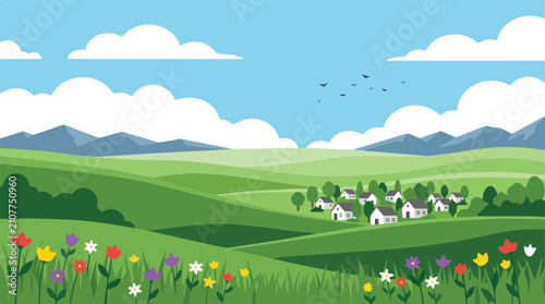 Rural Village Landscape Vector Illustration with Green Hills and Blue Sky