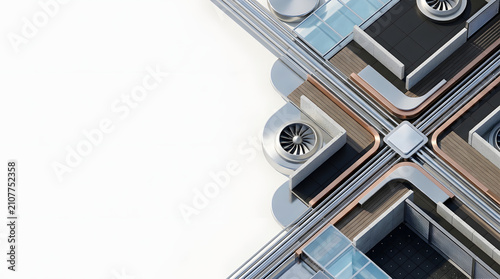 Isometric 3D render of industrial HVAC ventilation pipes and turbine on white background
