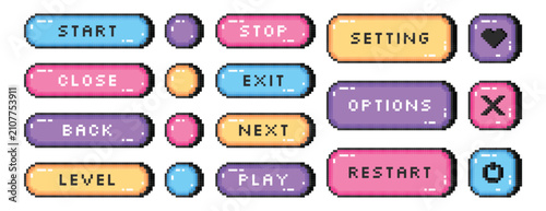 Bild auf Leinwand Pixelated game UI kit set with start login settings play pause buttons vector