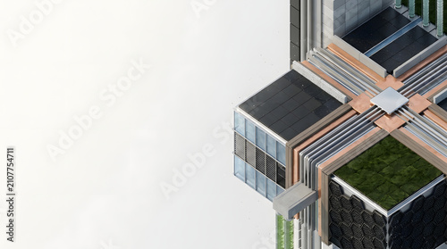 Modular sustainable architectural design with solar panels and green roof 3D render